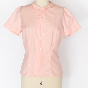 1960s Blouse Cotton Pink Short Sleeve Top S 