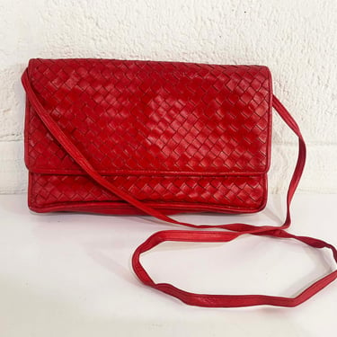 Vintage Woven Leather Crossbody Purse Red Shoulder Bag Handbag