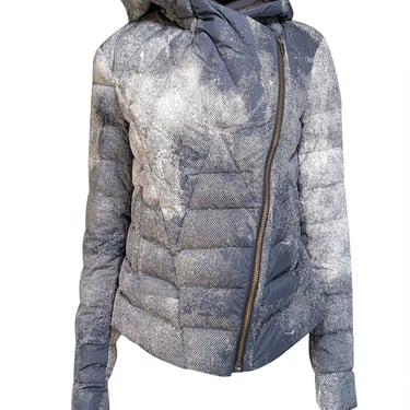 Helmut Lang - Grey & White Print Hooded Puffer Coat Sz L