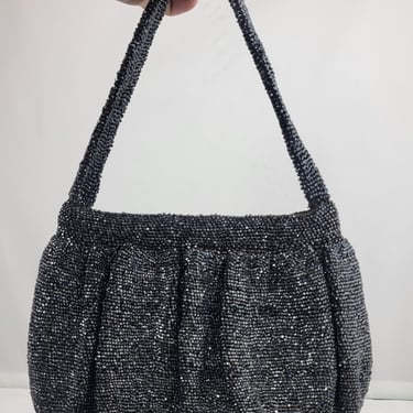 1940s Beaded Purse / Vintage Evening Bag / Black Beaded Purse 
