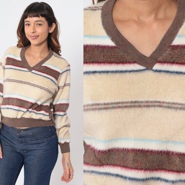 Striped Fleece Sweatshirt 70s Pullover Fuzzy Ringer Sweater Brown Cream Red Blue White V Neck Top Retro Seventies Fall Vintage 1970s Large L 