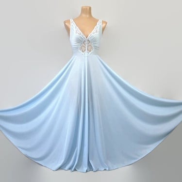 VINTAGE 80s Rare OLGA Bodysilk Ice Blue Nylon & Lace Full Sweep Nightgown #9687 Medium | 236" Grand Sweep Gown | Wedding Bridal Lingerie 
