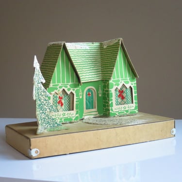 Vintage Christmas Putz House made in the US, 1940s, Large Holiday Glitter House 