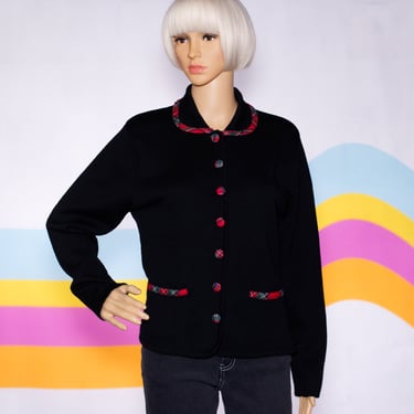 Vintage Plaid Trimmed Merino Wool Cardigan Sweater by Talbots | Medium | 9 