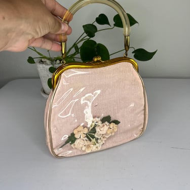 I Always Carry My Flowers With Me - Vintage 1950s Pink Fabric Vinyl Covered Floral Handbag Purse 