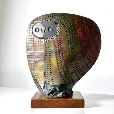 Vintage Mid Century Modern Doug DeLind Studio Pottery Raku Ceramic Owl Sculpture 1980s 
