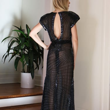 Vintage 1980s Oleg Cassini Sheer Silk Sequin + Bead Fishtail Hem Dress with Open Back and Structured Shoulders XS S Backless Formal 