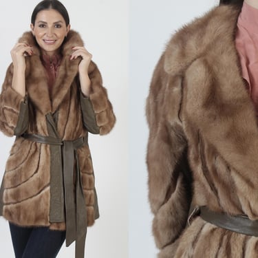 Authentic Striped Mink Coat, Autumn Haze Fur, Brown Leather Belt, Trench Swing Jacket 