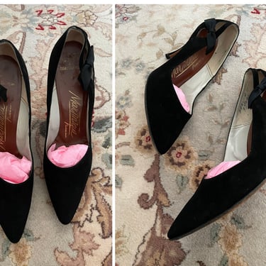 Vintage 1950’s Europa by Martinique custom made heels | fine French black suede pumps with faille bow, marked 7 1/2 AA 