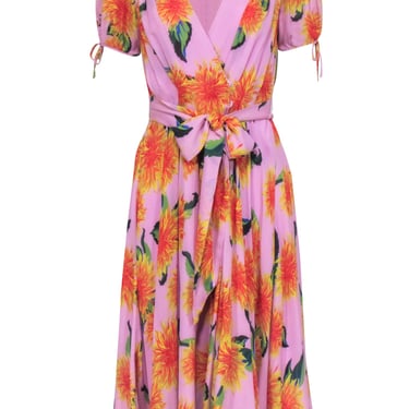 Carolina Herrera - Pink w/ Orange Floral Print Silk Wrap Midi Dress Sz 2