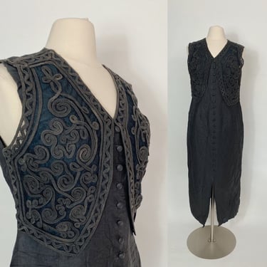 Black Linen Dress with Faux Vest Soutache Detail 1980s/ 90s 