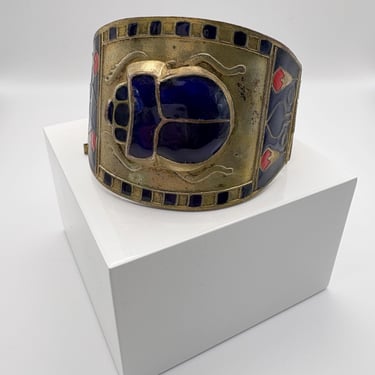 antique 1920s Egyptian revival brass enamel scarab bracelet 