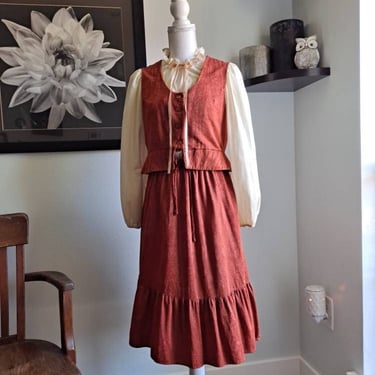 Vintage 1970's Prairie Hippie Dress with Peplum Vest Off White and Copper Crushed Velvet Medium Large 