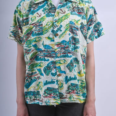 1960s Costa Rica Hotel Hawaiian Style Barkcloth Buttonup Shirt