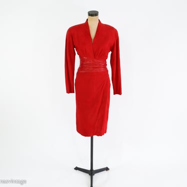 1980s Red Leather Sheath Dress | 80s Red Suede Leather Dress | VAKKO | Small 
