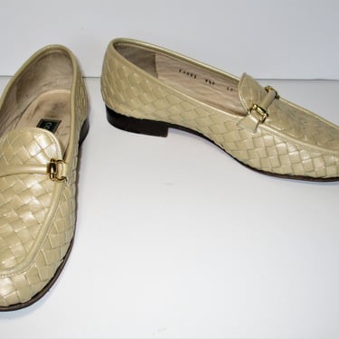 Womens Loafers, Vintage 1980s Cole Haan Shoes, Size 9.5B Women, Matte Gold Basketweave Leather 