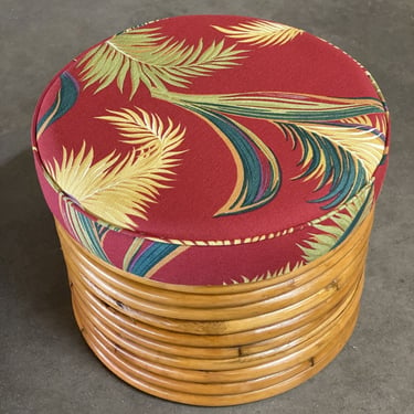 Restored Round Stacked Rattan Ottoman Stool with Bark Cloth Covering 