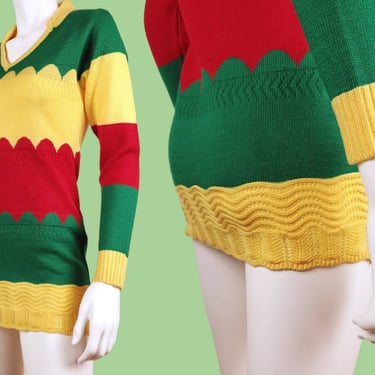 Unique deadstock pullover sweater. Vintage 80s. Bodycon, micro-mini, vibrant, rastafarian, red yellow green, scalloped pattern. (XS) 