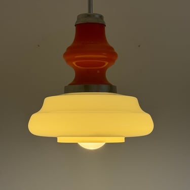 Vintage Space Age Pendant Lamp / Orange and White Opal Glass Hanging Light / Mid-Centuary Light Fixture / Italy / 1970s 