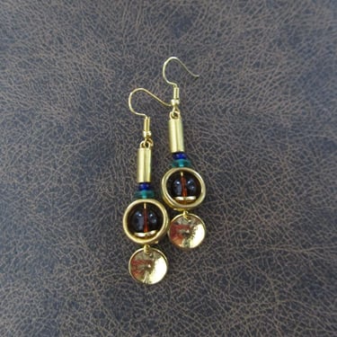 Mid century modern earrings, multicolor glass and gold earrings 