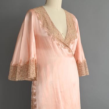 Vintage 1940s Lingerie  Robe Dress | Rare Peach Pink Silk Satin Fluttery Sleeve Lingerie Lace Wrap Robe Dress | Small 