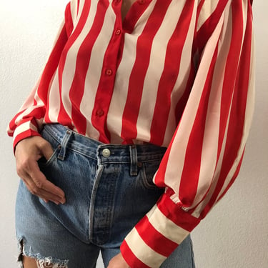 Vintage BouSoir Red And White Striped Blouse With Gorgeous Sleeves 