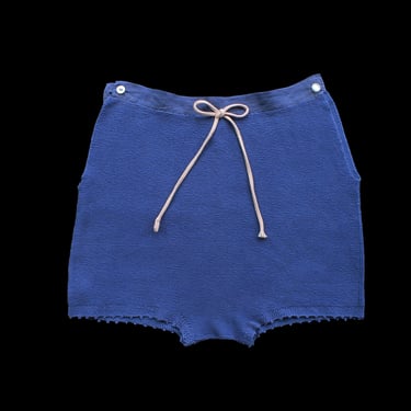 1930s Shorts / 30s Blue Cotton Knitwear Lounge Shorts / Side Button 