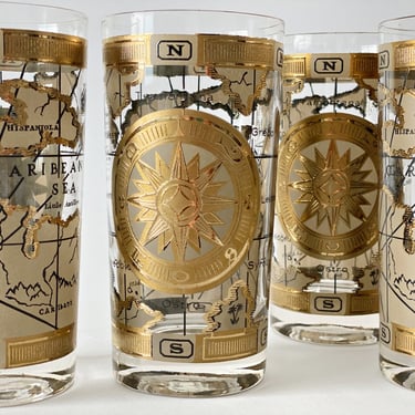 Vintage Cera glassware. 4 Gold map bar glasses sized for whiskey & rum runner cocktails. Boho or Tiki bar decor. Traveling nomad gift. 