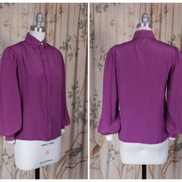 1980s Blouse - Striking Vintage 80s does 1940s Silk Blouse with Golden Buttons 