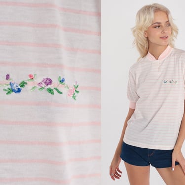 80s Henley Shirt -- Pink White Striped Top Floral Embroidered Button Up Top Pastel Baby Pink Retro Tee Vintage Short Sleeve Small S 