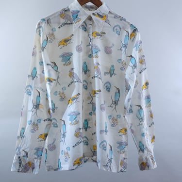60s Mushroom Bird Print Shirt - Made in Ireland - 100% Cotton - Lord & Taylor - Size 16 - M/L -Nature Novelty Print - Unisex Style 