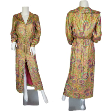 1960's Metallic Gold Rainbow Psychedelic Paisley Print Maxi Dress I Sz Med 