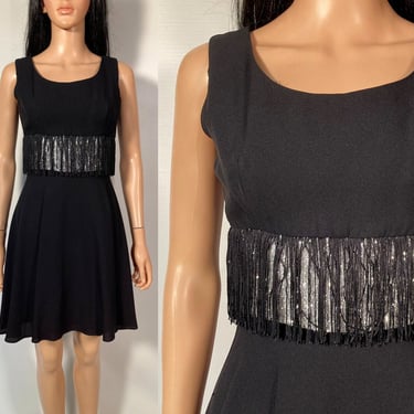Vintage 60s Black Fringe And Silver Tinsel Dress Size XS 