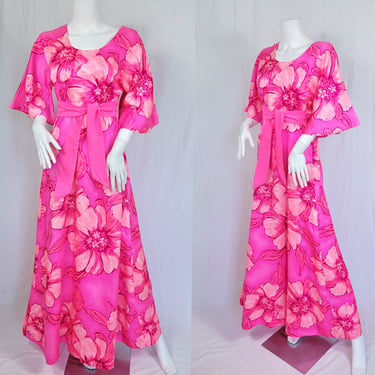 Two Potato 1970's Pink Floral Hawaiian Barkcloth Long Maxi Dress I Sz Med I Caftan 