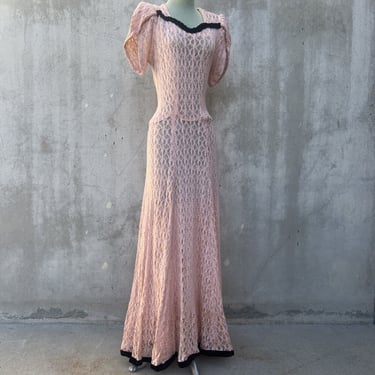 Vintage 1930s Pink Knit Cotton Dress Puff Sleeves Maxi Black Velvet Trim 1940s