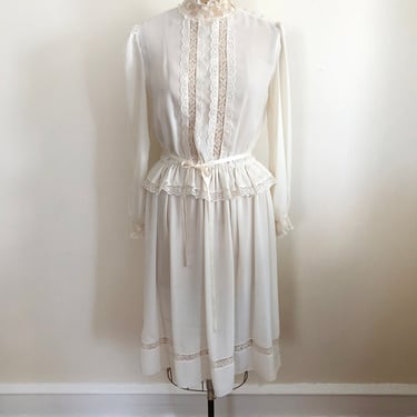 Sheer Ivory Prairie Dress with Lace Trim - 1980s 