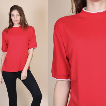 90s Pointelle Mock Neck Top - Medium | Vintage 80s Red White Thermal Shirt 