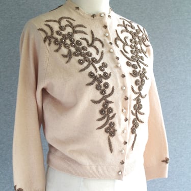 1950s - Beaded Sweater - Pin Up - Silk Lined - Beige/Copper - Estimated size S/M - by Hansen's and Co - Marked size 38 