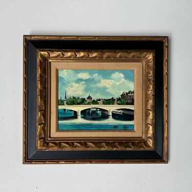 Vintage Marx   Parisian River Landscape Scene Oil Painting, Framed 