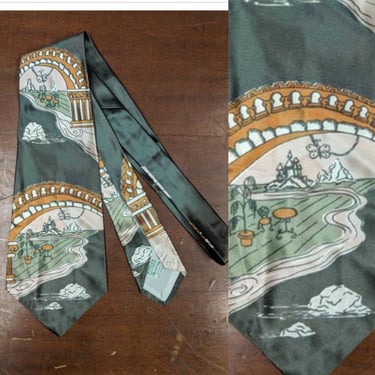 Vintage 1950s Italian Villa Scene Swing Tie, 1940s Tie, 1950s Tie, Vintage Shirt, Vintage Tie, Vintage Clothing 