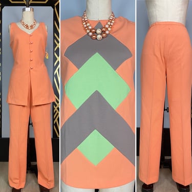 1970s pantsuit, jack winter, 70s 3 piece set, vintage 70s outfit, pants, top and vest, medium large, chevron print, polyester pants, minx 