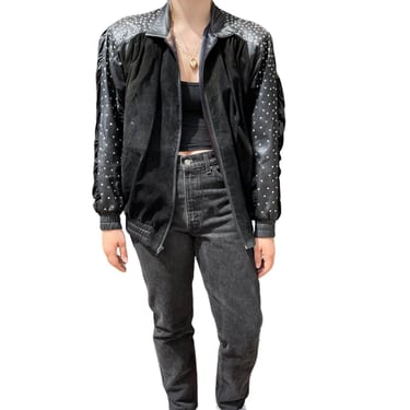 Vintage 80s Womens Black Suede Leather Sequin Rhinestone Bomber Jacket Sz M 
