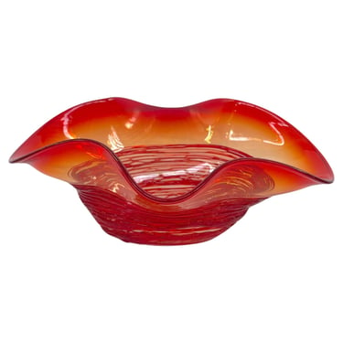 Vintage Red Murano Ruffled Glass Bowl by Camozzo