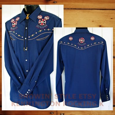 Kennington Vintage Western Men's Cowboy Shirt, Rodeo Shirt, Navy with Embroidered Native American Designs, Tag Size X-Large (see meas.) 