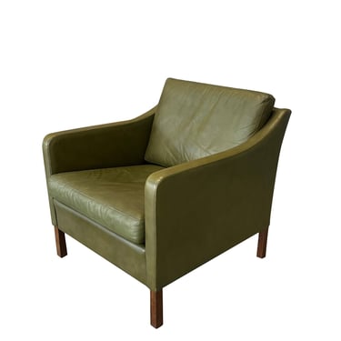 Mid Century Danish Green Leather Armchair in the Style of Borge Mogensen