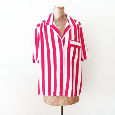 Vintage Red White Wide Stripe Button Up L - 1980s Short Sleeve Collared Striped Shirt 