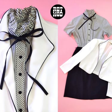 Adorable Vintage 70s Black White Stripe Dress & Jacket Set By Sears 