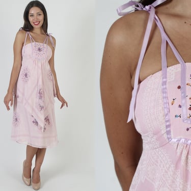 Vintage 70s Floral Bandana Scarf Dress, Violet Prairie Shoulder Tie Sundress, Phase 2 Barbiecore Romantic Outfit 