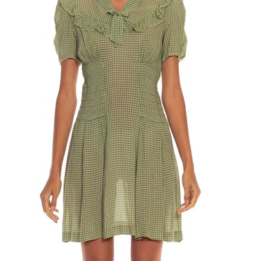 1930S Green  White Cotton Checkered Dress 