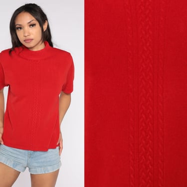 Red Knit Shirt 90s Mock Neck Sweater Top Retro Boho Short Sleeve Sweater Mock Neck Blouse Basic Simple Plain Minimal Vintage 1990s Medium M 